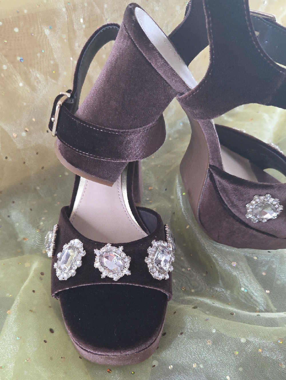 Copper Key Trending Dark Brown Velvet Platform Sandals with Crystal Accents 8.5M
